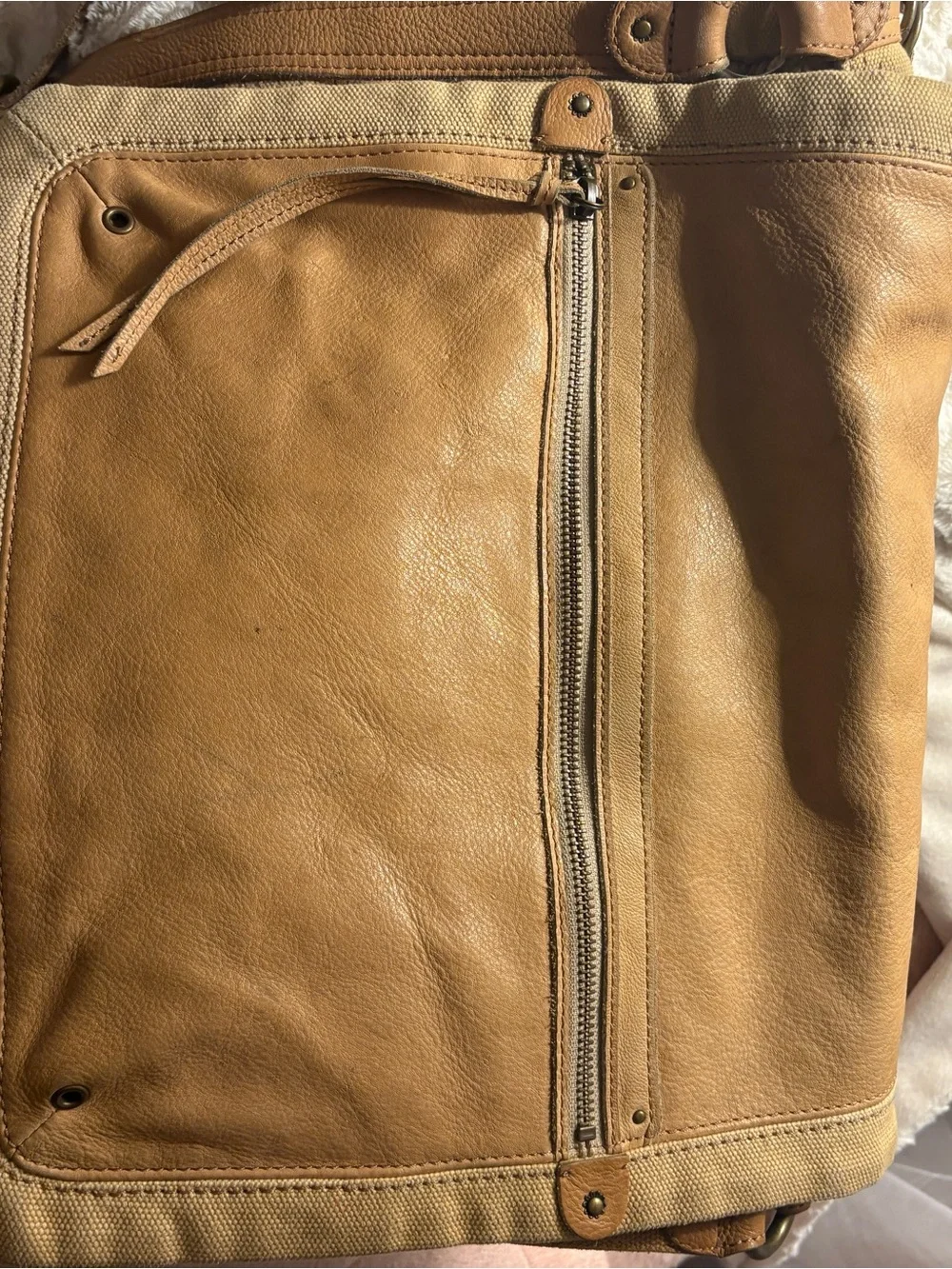 Fossil Tan Leather & Canvas Laptop Messenger Bag